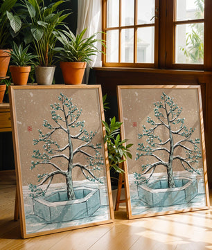 Paisaje invernal con ilustración de árbol bonsái cubierto de nieve