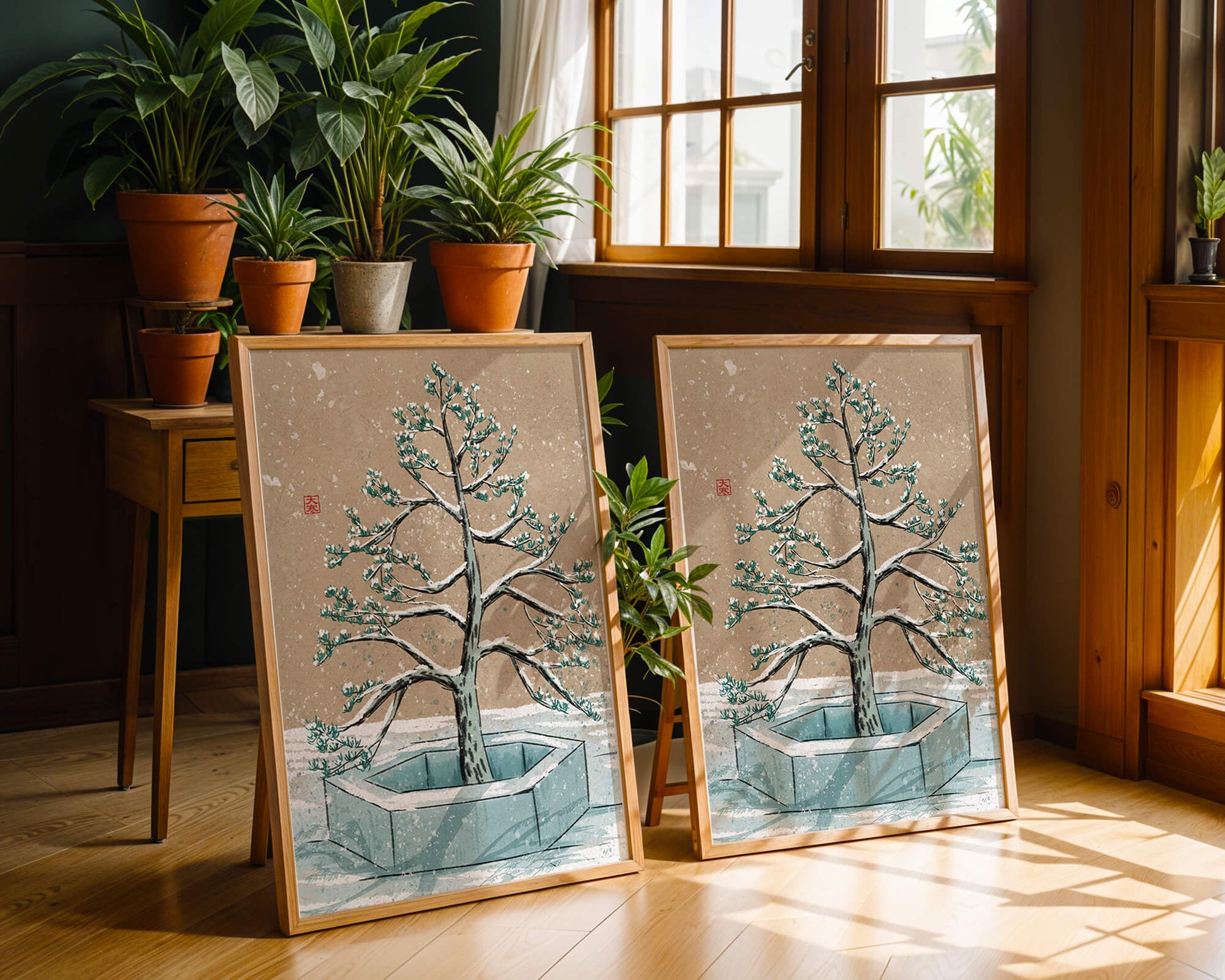 Paisaje invernal con ilustración de árbol bonsái cubierto de nieve