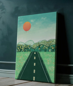 Serene Landscape with Road Leading to Sunset and Lush Greenery