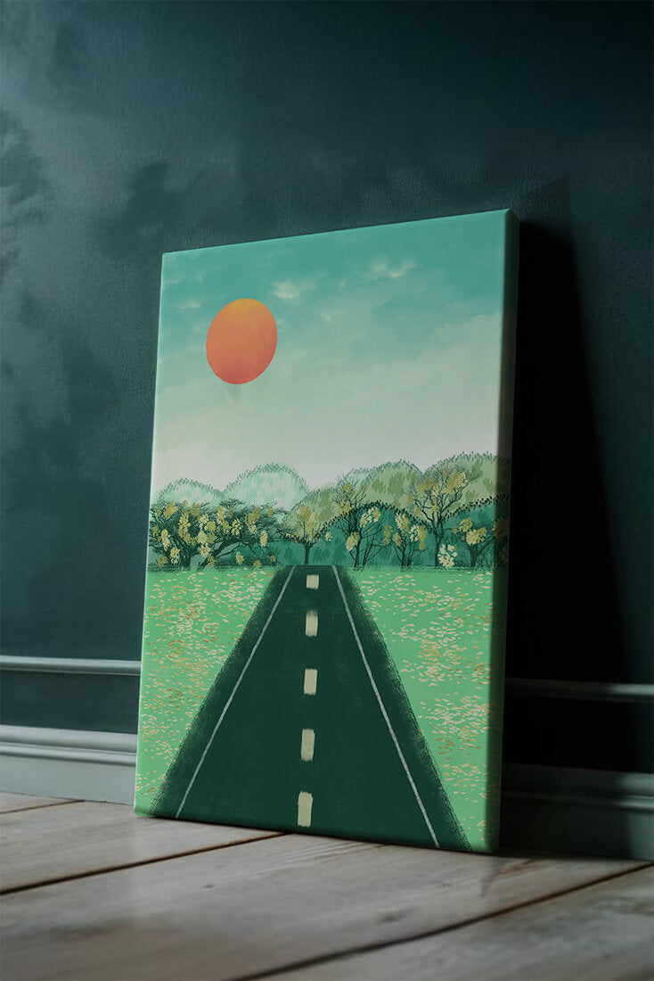 Serene Landscape with Road Leading to Sunset and Lush Greenery
