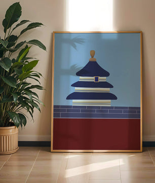 Ilustración abstracta del Templo del Cielo con detalles azules y dorados