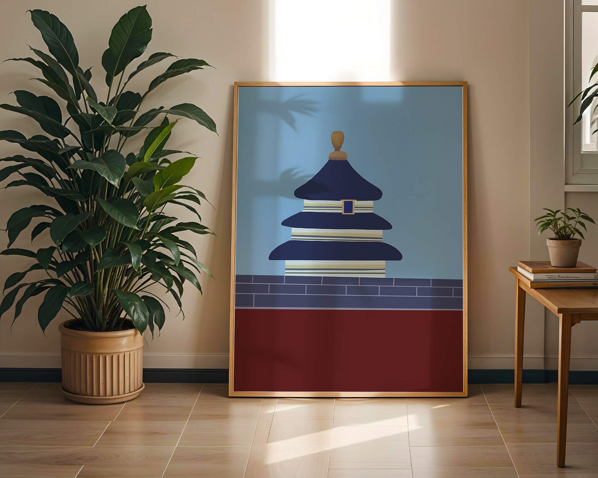 Ilustración abstracta del Templo del Cielo con detalles azules y dorados