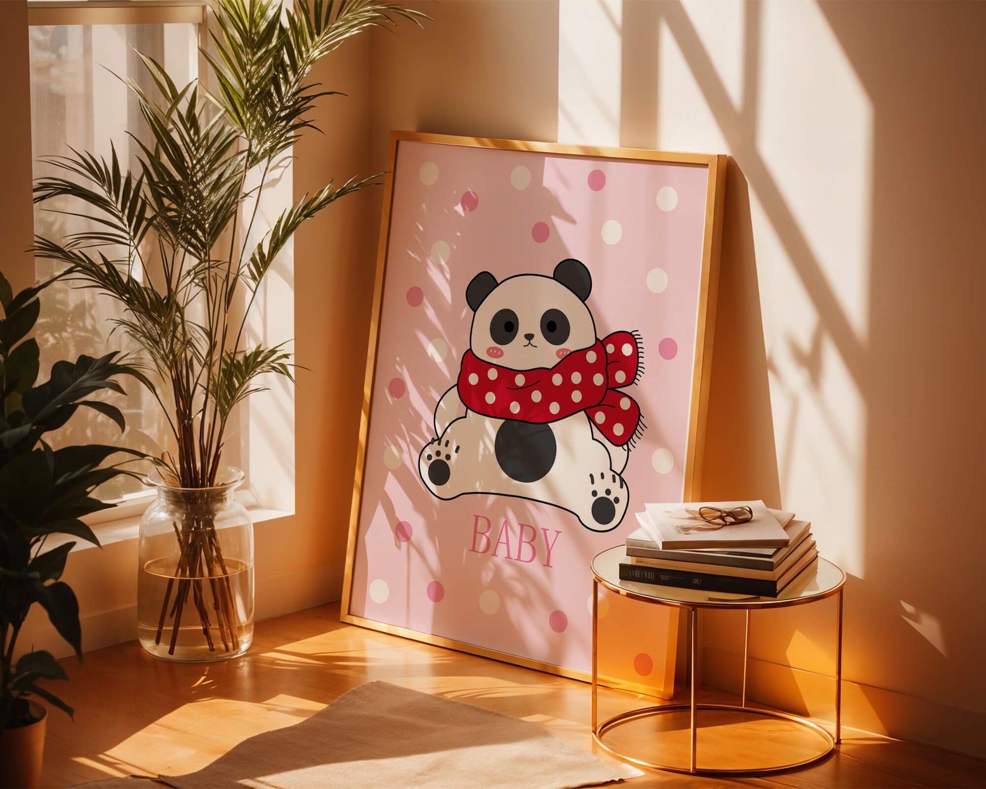 Cartoon panda with red scarf on pink polka dot background