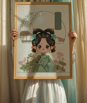 Charming illustration of a cute character in traditional Asian attire with floral elements