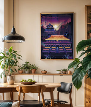 Neon Asian Temple at Sunset in Stylized Landscape