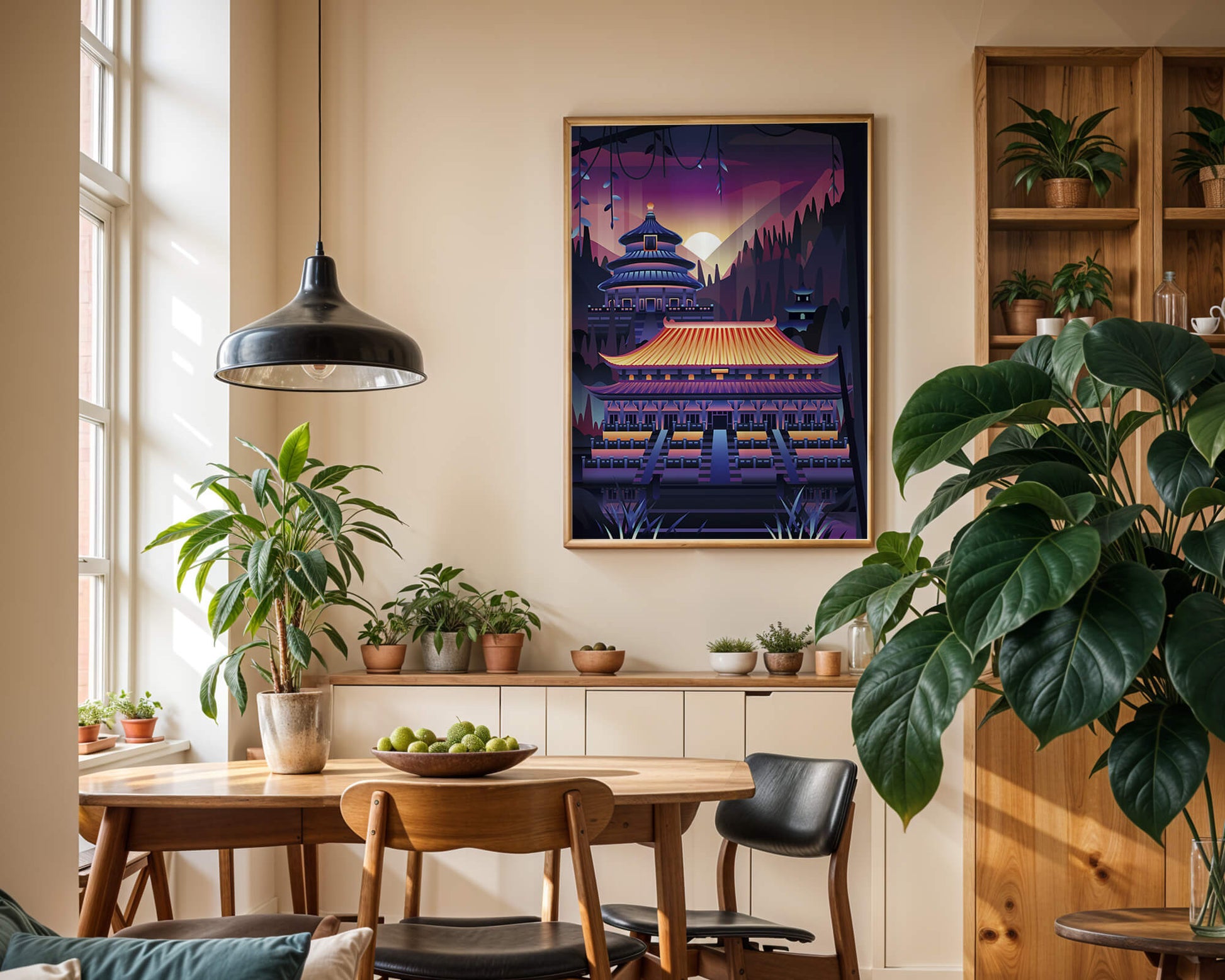 Neon Asian Temple at Sunset in Stylized Landscape