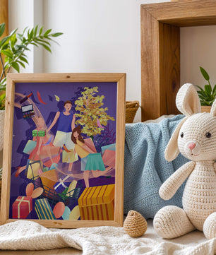 Illustration d'une expérience de shopping joyeuse en famille avec des cadeaux et des couleurs vives