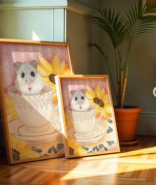 Hámster adorable en una taza de té con girasoles y semillas