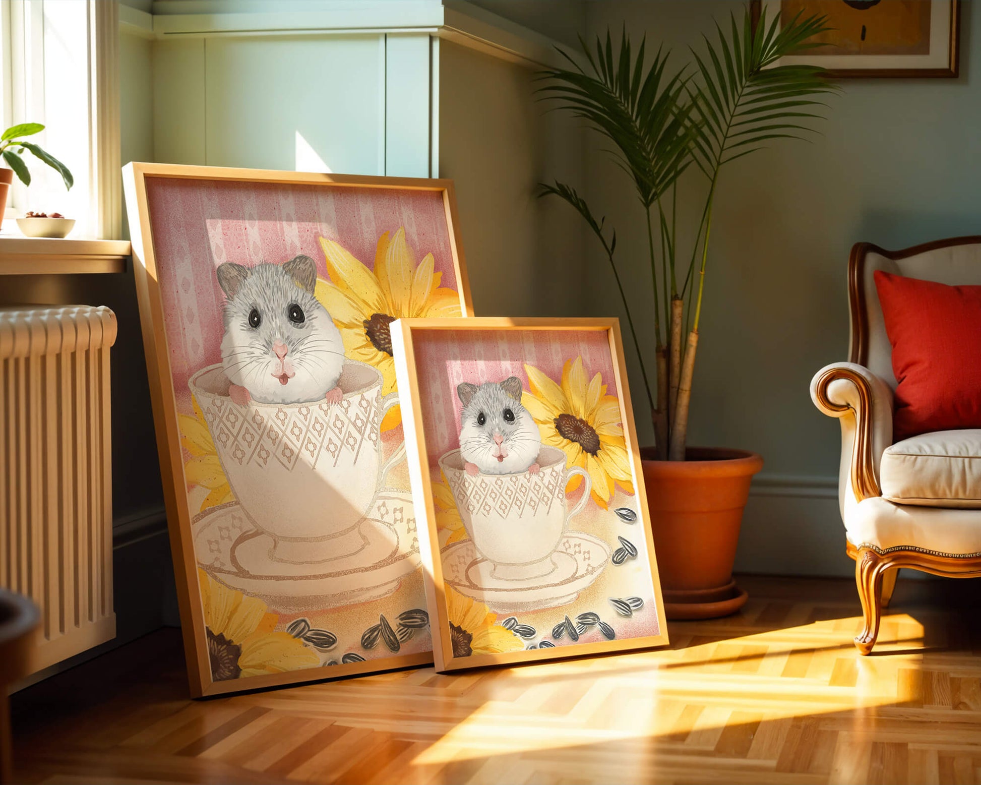 Adorable hamster in teacup with sunflowers and seeds