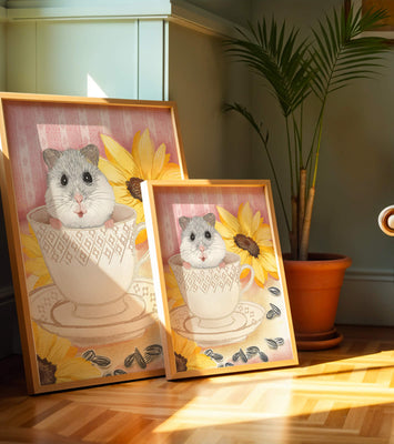 Adorable hamster in teacup with sunflowers and seeds
