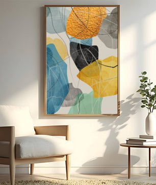 Abstrakte geometrische Kunst mit goldenen Akzenten und leuchtenden Farben