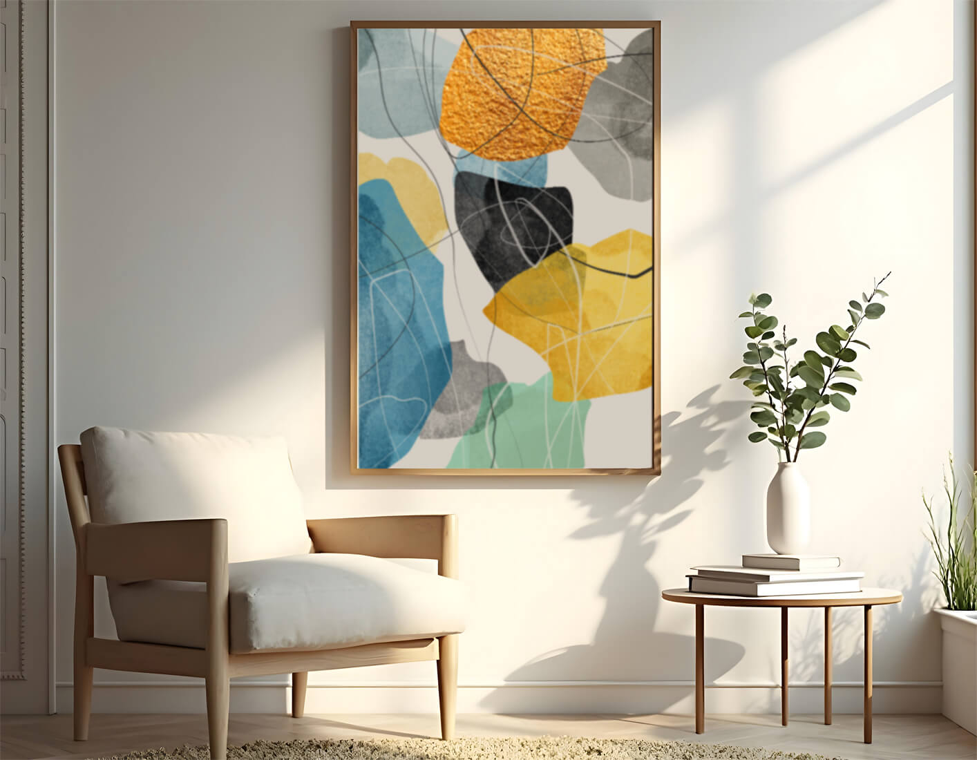 Arte geométrico abstracto con acentos dorados y colores vibrantes