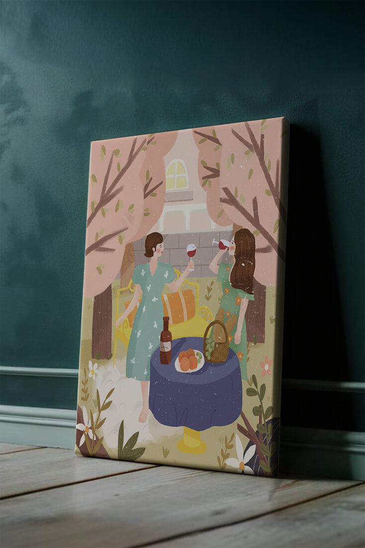 Reunión primaveral en el jardín con vino y frutas