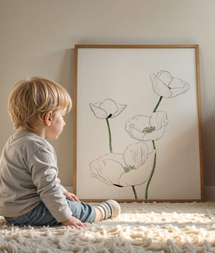 Zarte florale Linienzeichnung mit weißen Mohnblumen auf sauberem Hintergrund