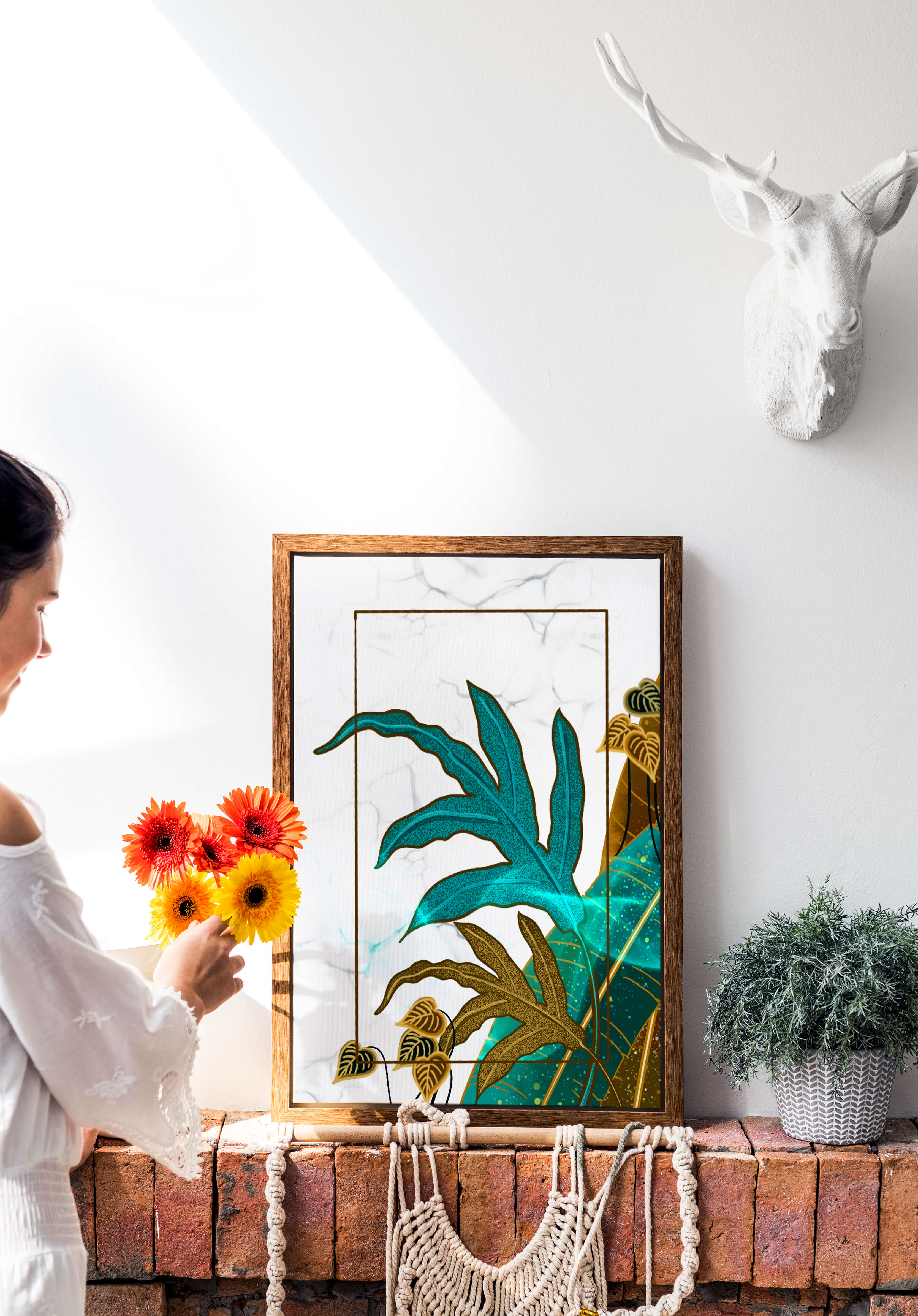 Abstract botanical art with blue and gold leafy designs