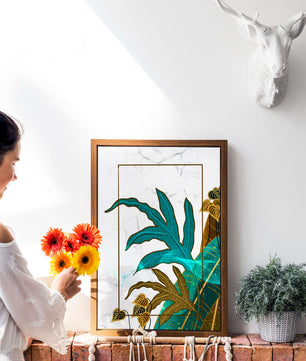 Abstrakte botanische Kunst mit blauen und goldenen Blattmustern