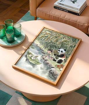 Escena caprichosa con un panda y un conejo junto al río