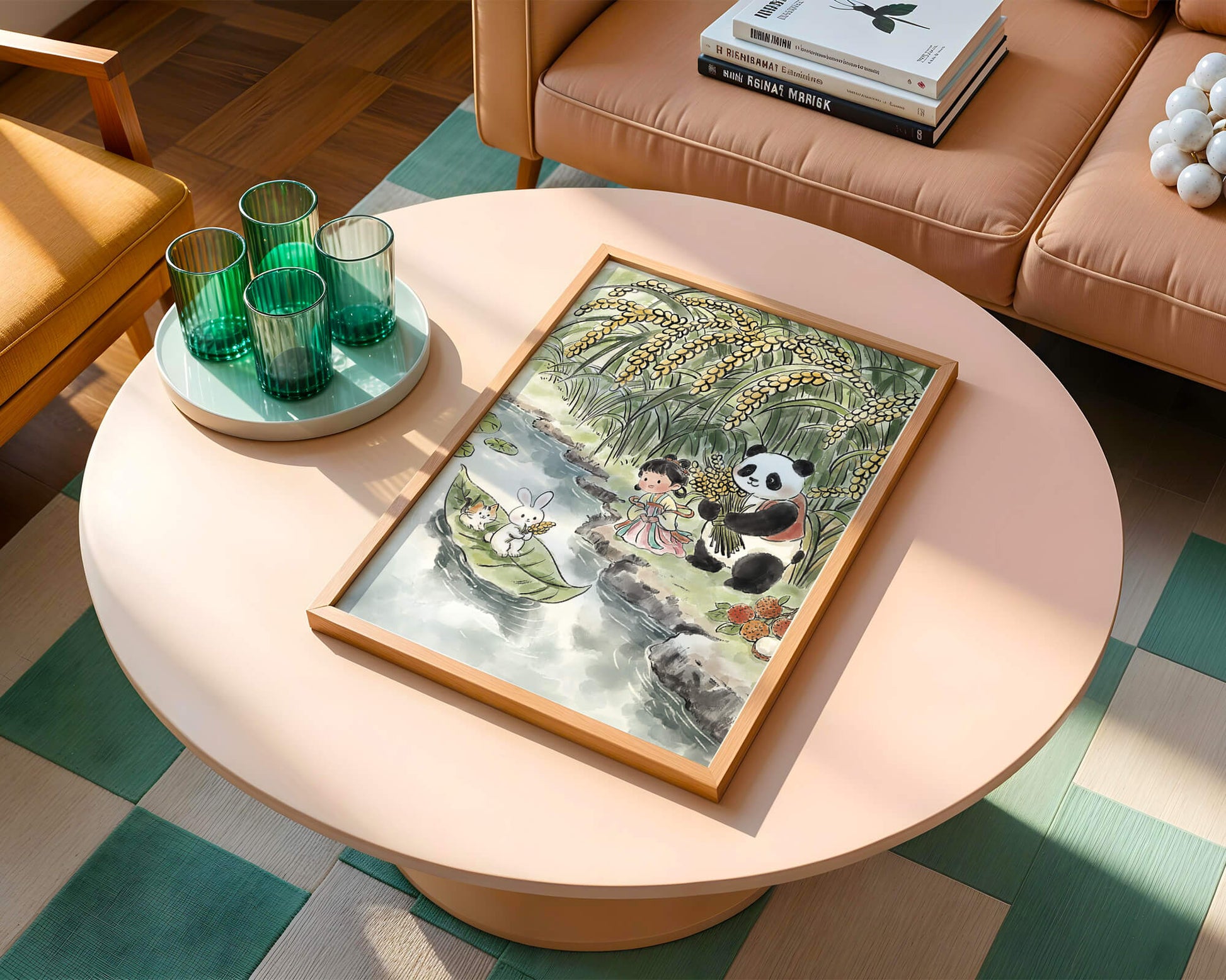 Escena caprichosa con un panda y un conejo junto al río