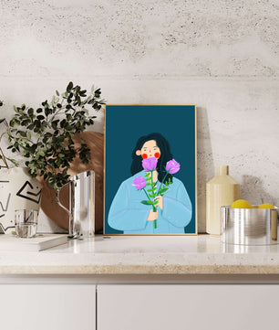 Illustration of a woman with purple flowers on a teal background