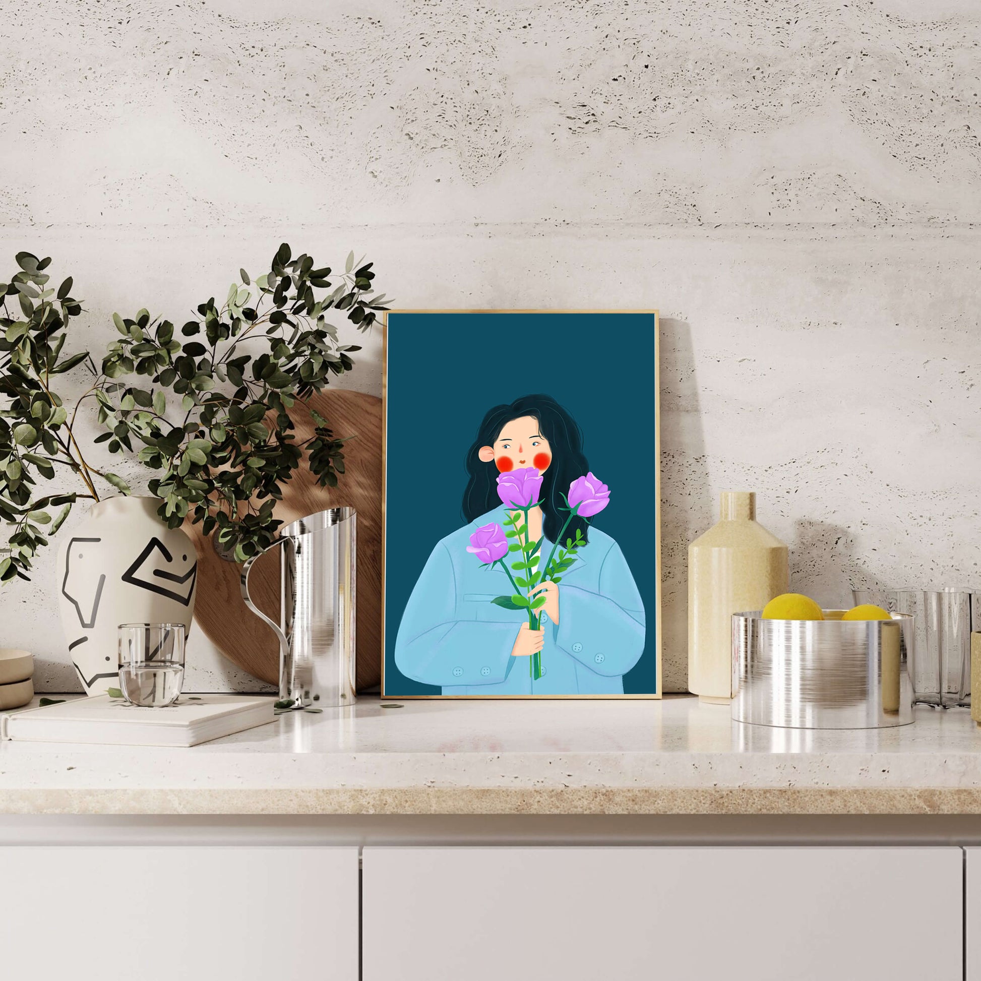 Illustration of a woman with purple flowers on a teal background