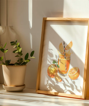 Illustration of a refreshing orange juice with fresh oranges and splash