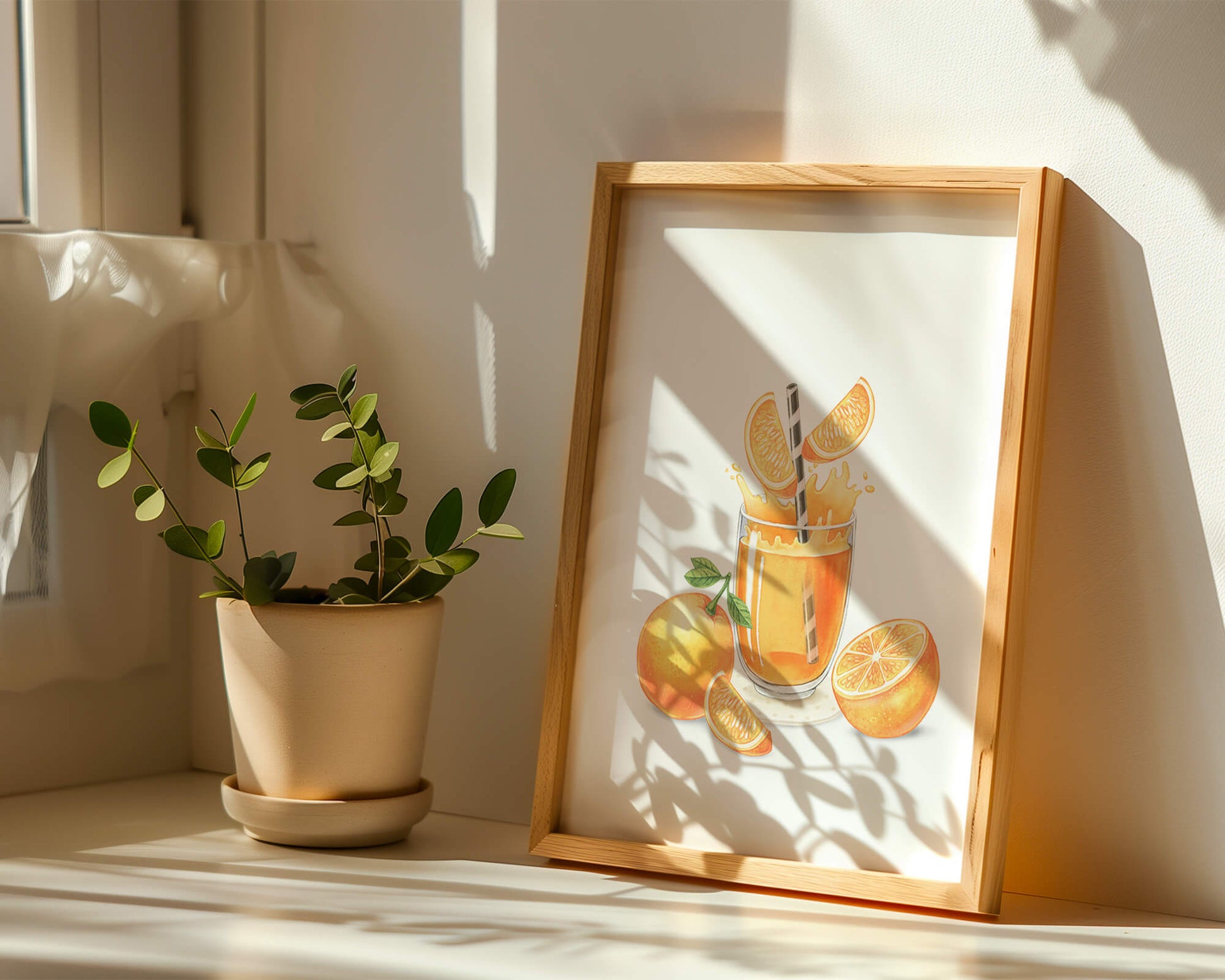 Illustration of a refreshing orange juice with fresh oranges and splash