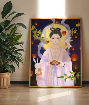 Mid-Autumn Festival Illustration with Moon Goddess and Rabbits