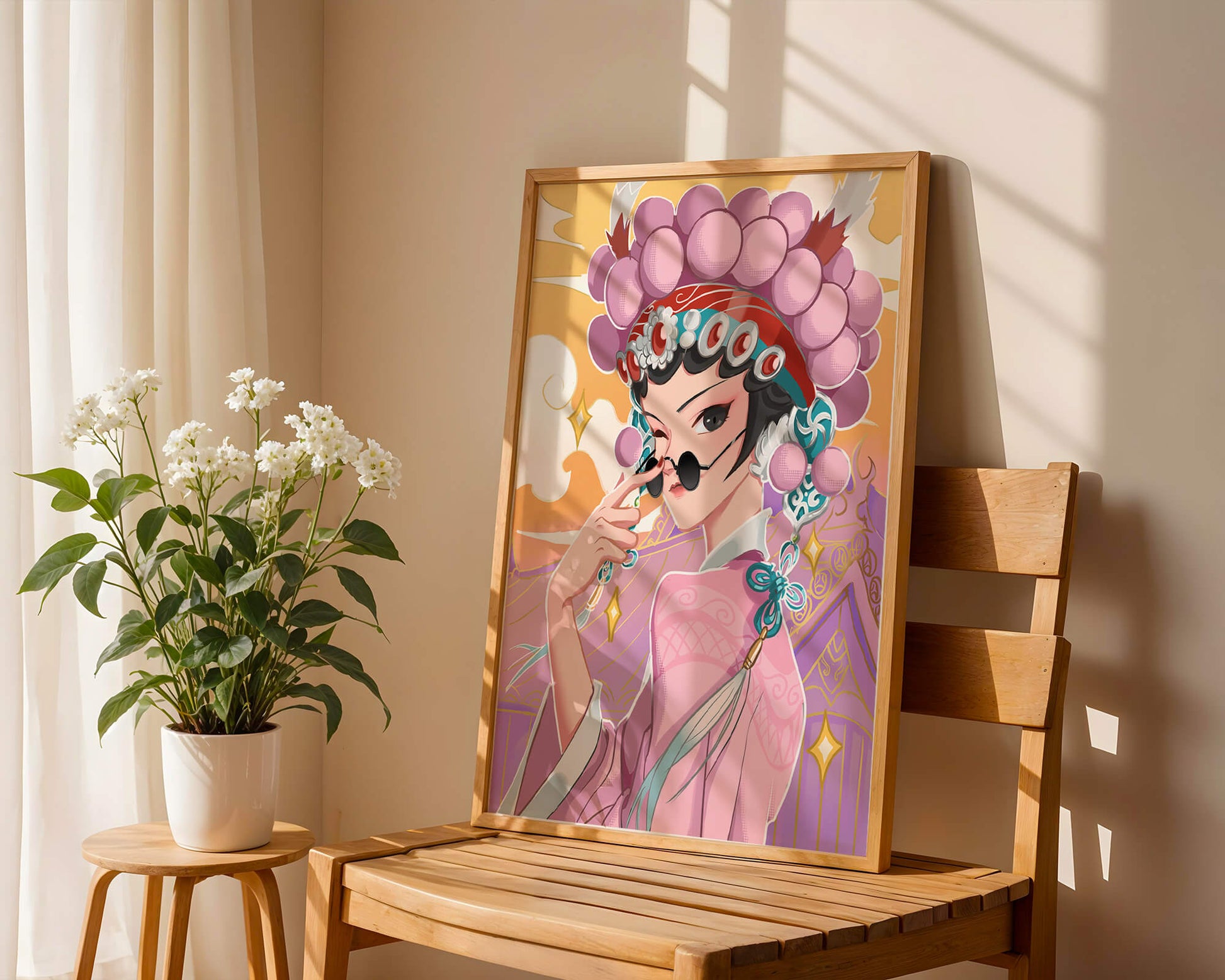 Elegant anime character in traditional attire with golden accents