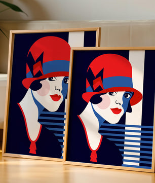 Femme élégante de style art déco avec chapeau cloche rouge et motifs géométriques