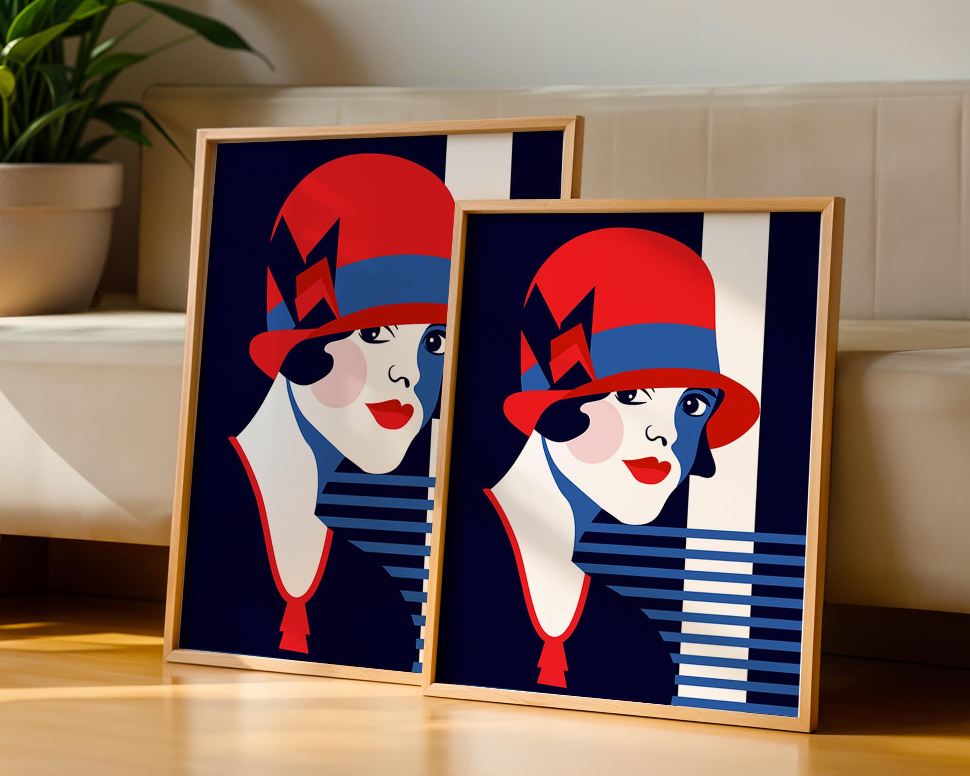 Elegante mujer de estilo art déco con sombrero cloche rojo y patrones geométricos.