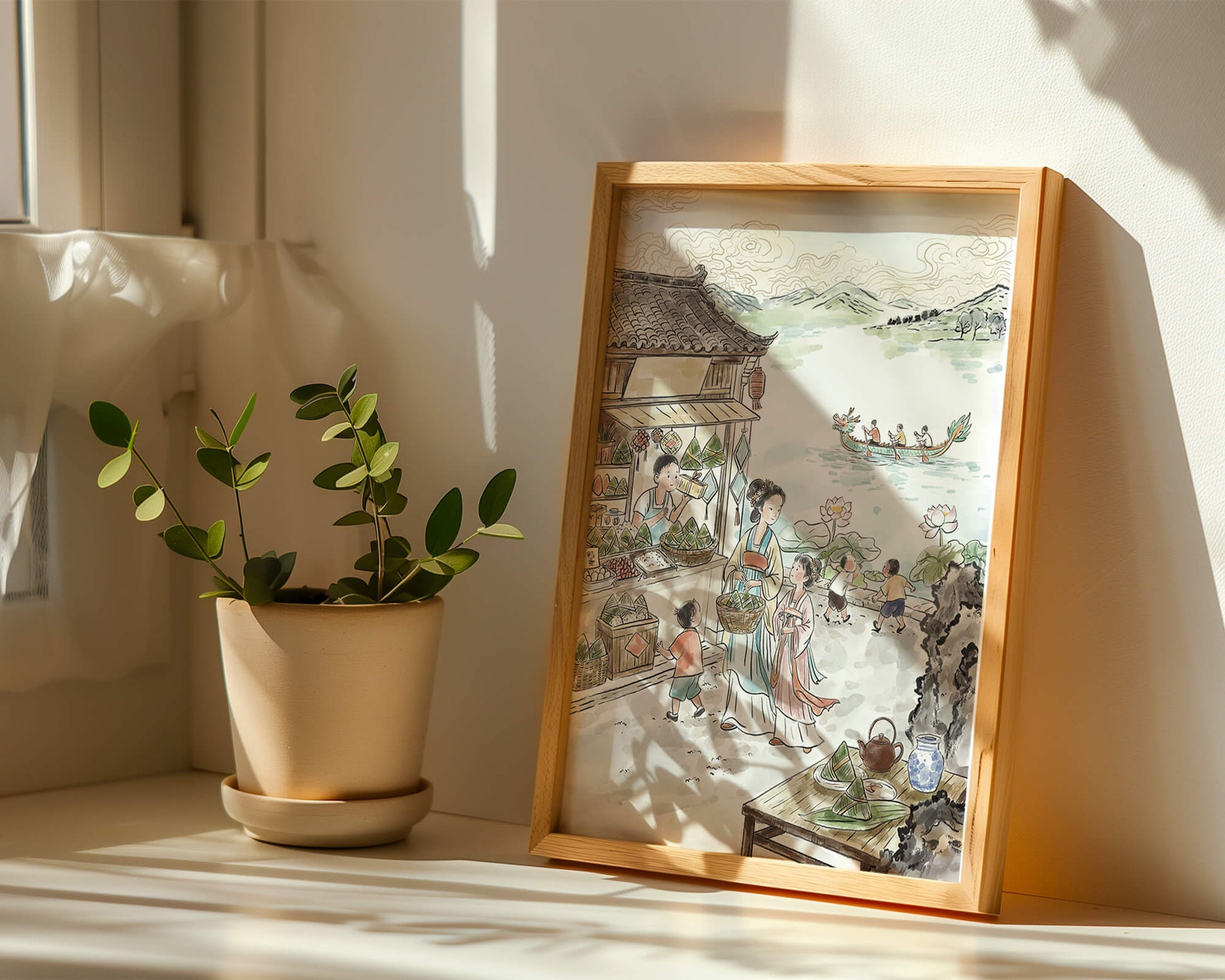 Escena tradicional del mercado chino con carreras de botes dragón