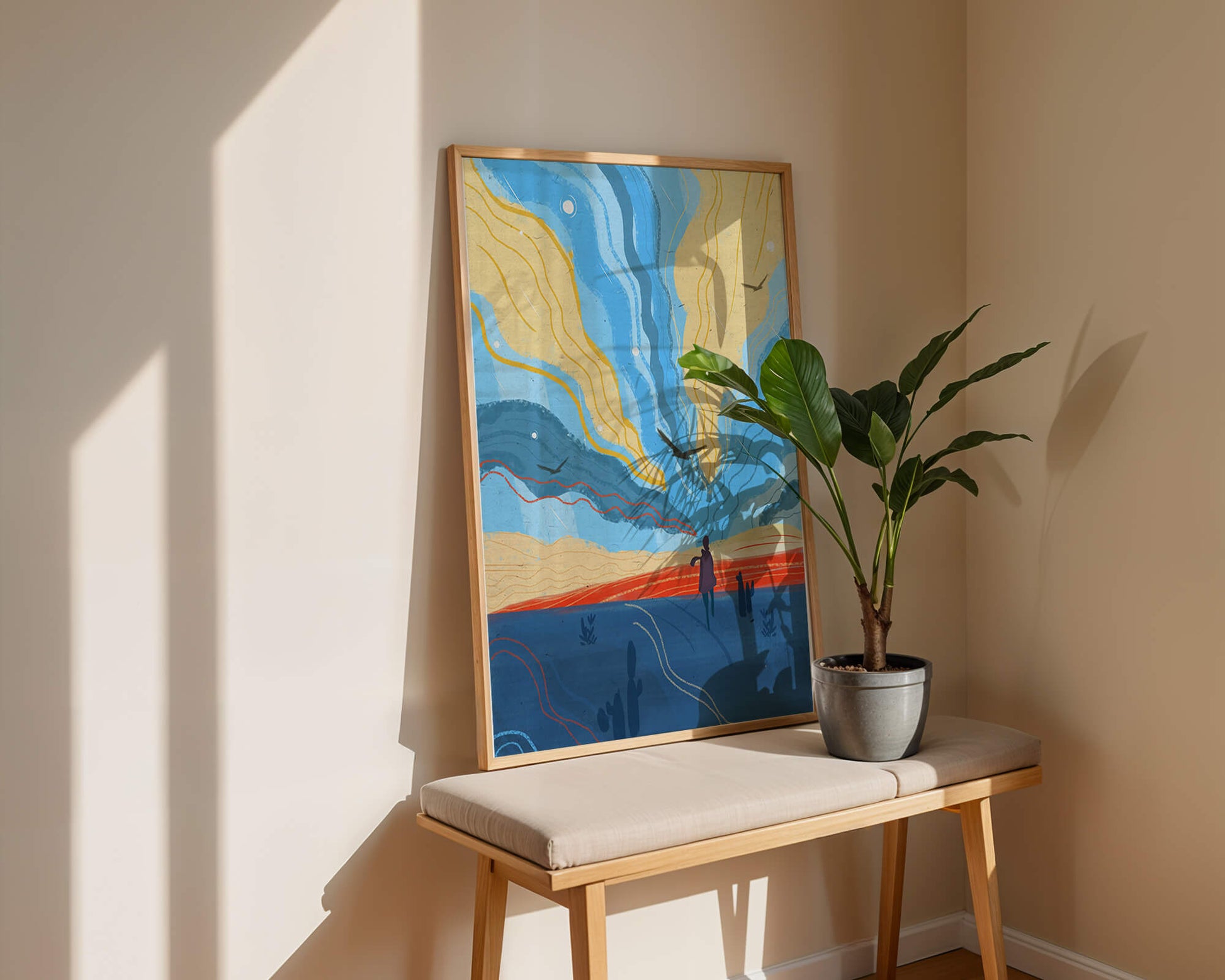 Colorful abstract landscape with figure and birds