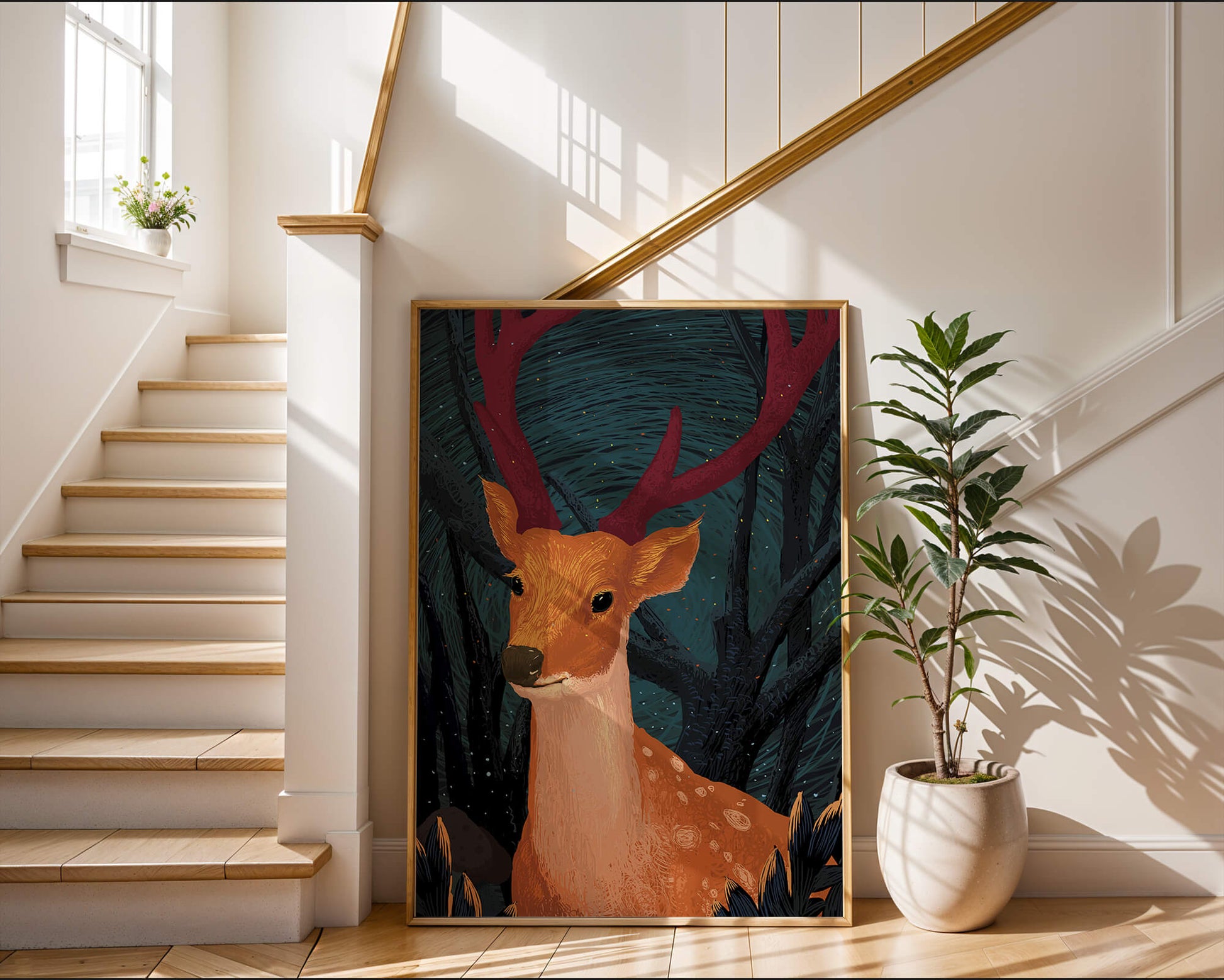Ilustración de un majestuoso ciervo en un bosque místico