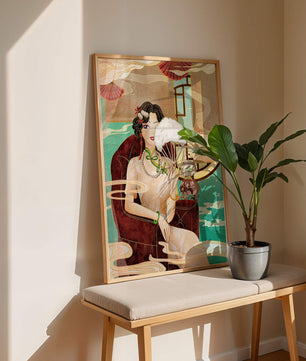 Œuvre d'art élégante d'inspiration asiatique vintage représentant une femme avec un éventail