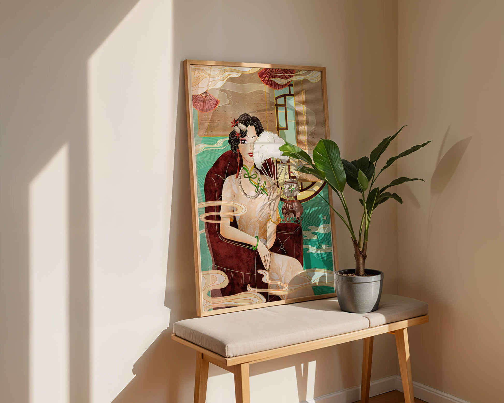 Elegant vintage Asian-inspired artwork featuring a woman with a fan