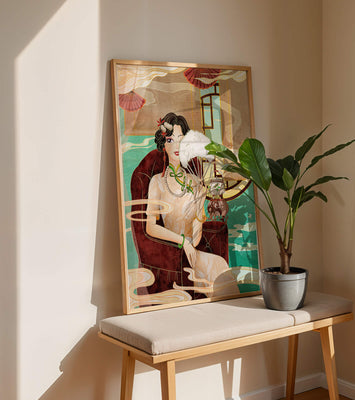 Elegant vintage Asian-inspired artwork featuring a woman with a fan