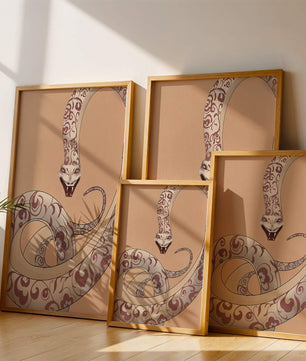 Elegant coiled snake with floral patterns in an artistic composition