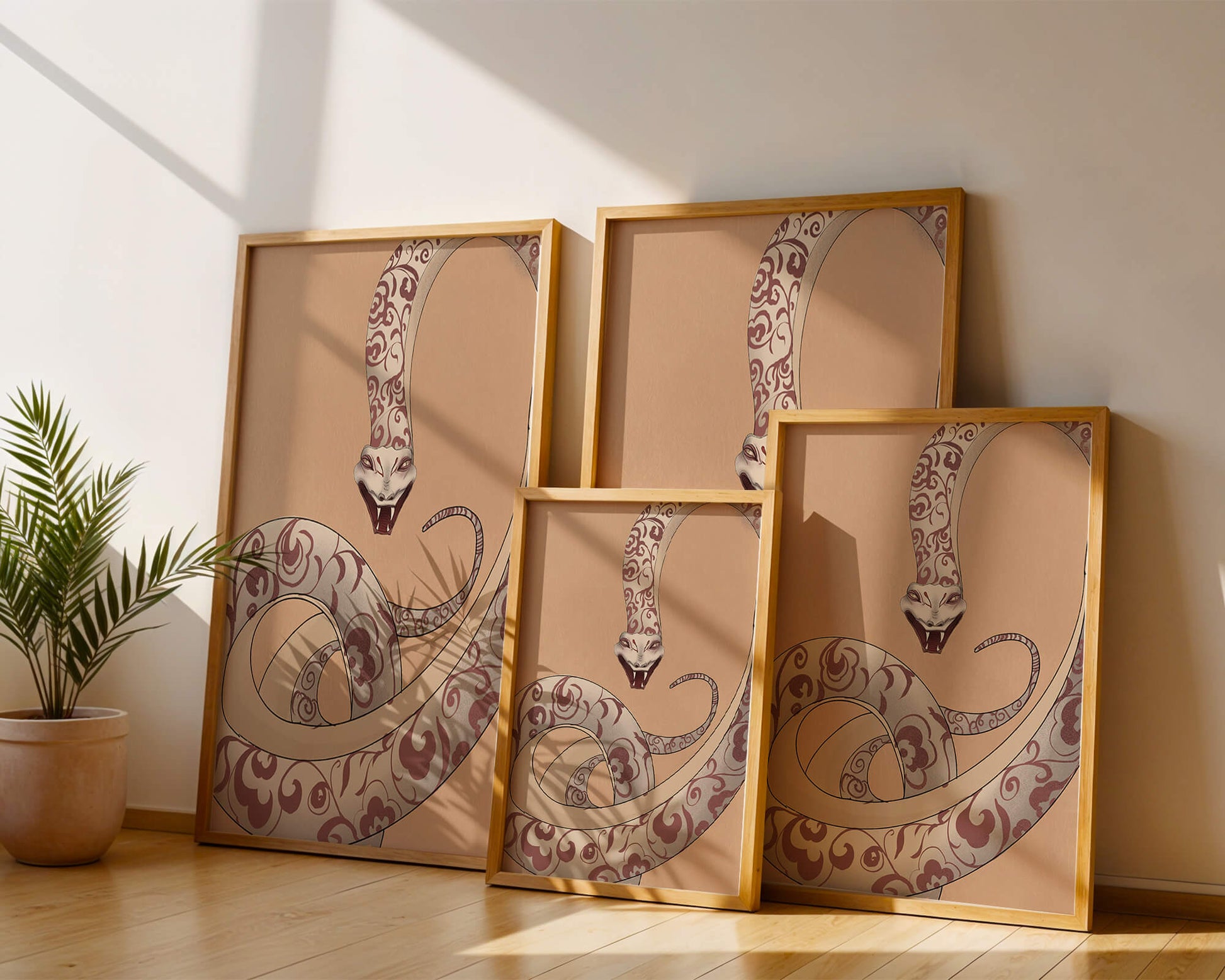 Elegant coiled snake with floral patterns in an artistic composition