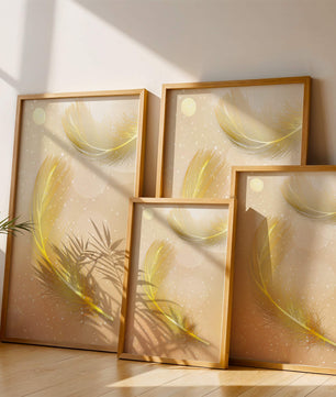 Elegant golden feathers with sparkling particles on soft background