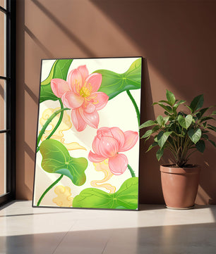 Illustration of pink lotus flowers with green leaves on a pastel background