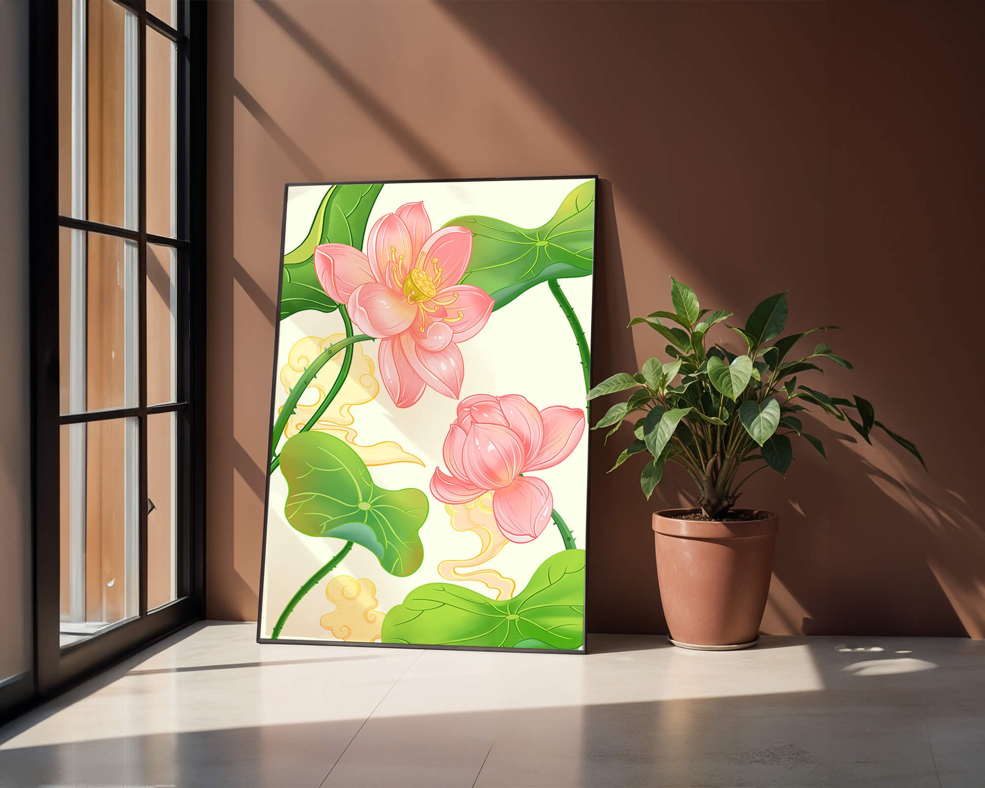 Illustration of pink lotus flowers with green leaves on a pastel background