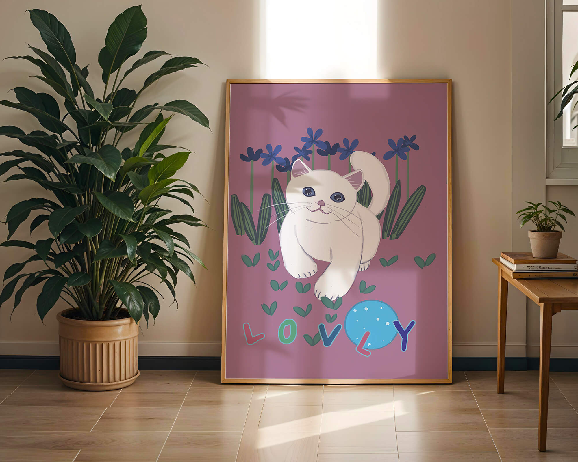 Charming illustration of a white cat in a floral field with playful text