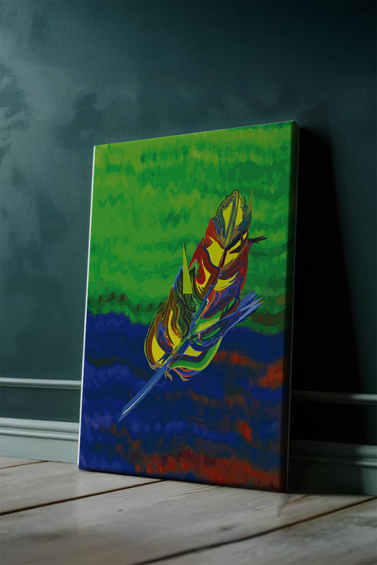 Abstract colorful feather on vibrant background