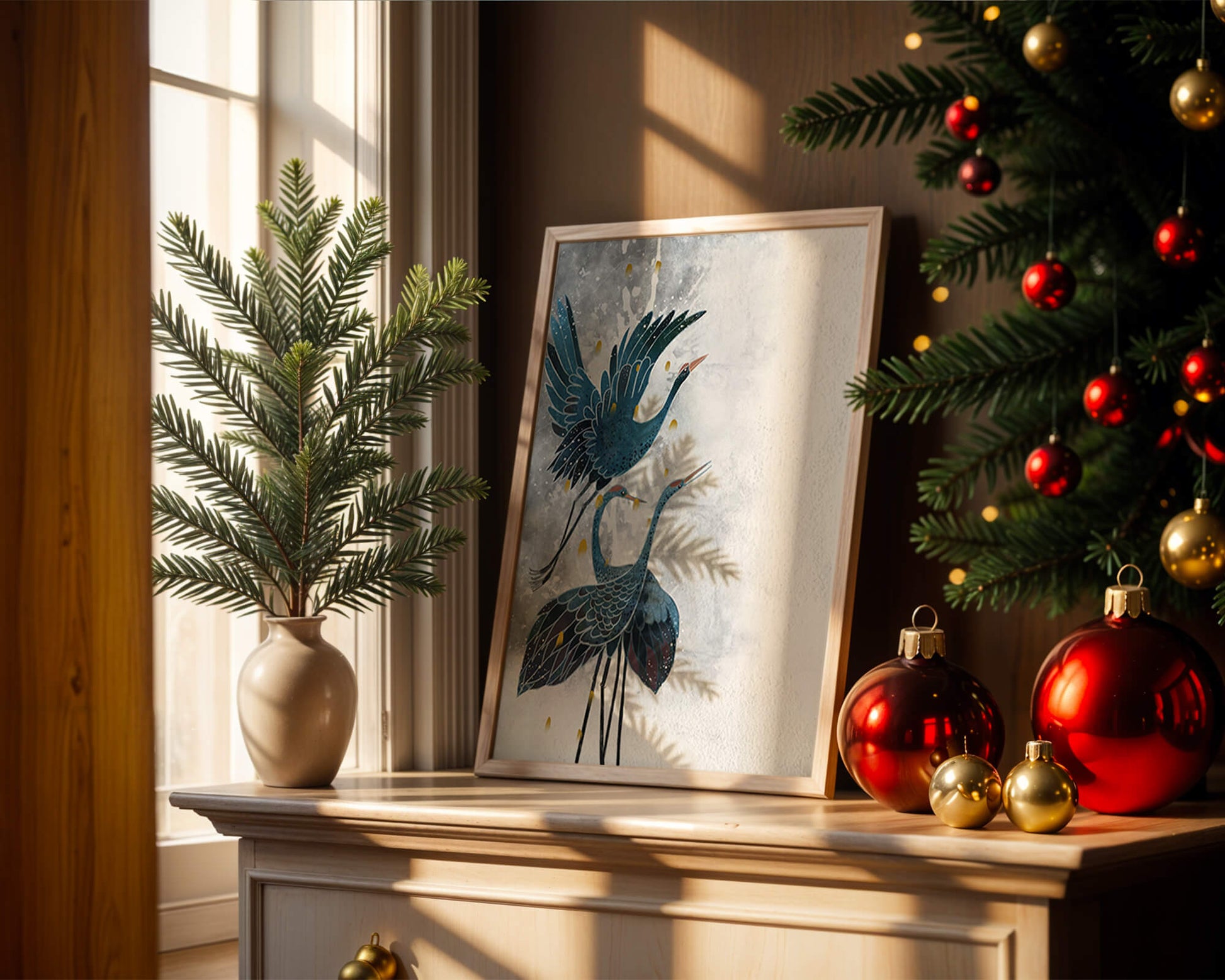 Elegante blaue Kraniche vor einem ruhigen abstrakten Hintergrund mit goldenen Akzenten