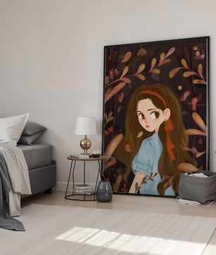 Ilustración elegante de una chica rodeada de follaje abstracto