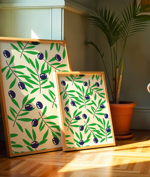 Olive branch pattern with green leaves and blue olives
