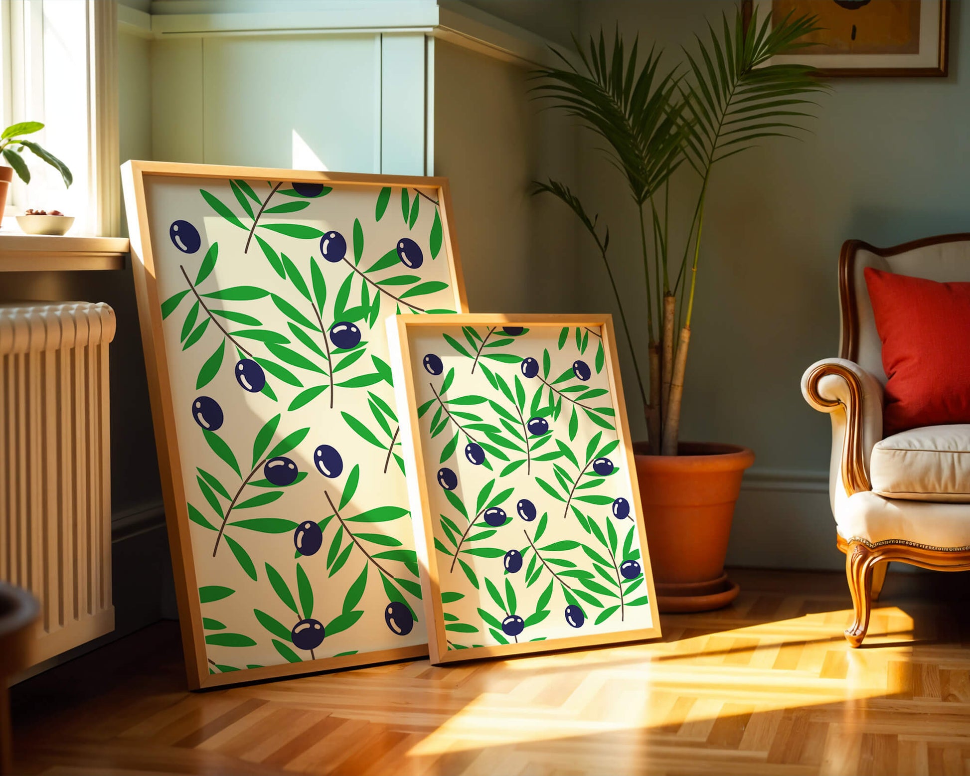 Olive branch pattern with green leaves and blue olives