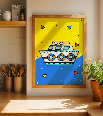 Colorful boat illustration with cartoon elements