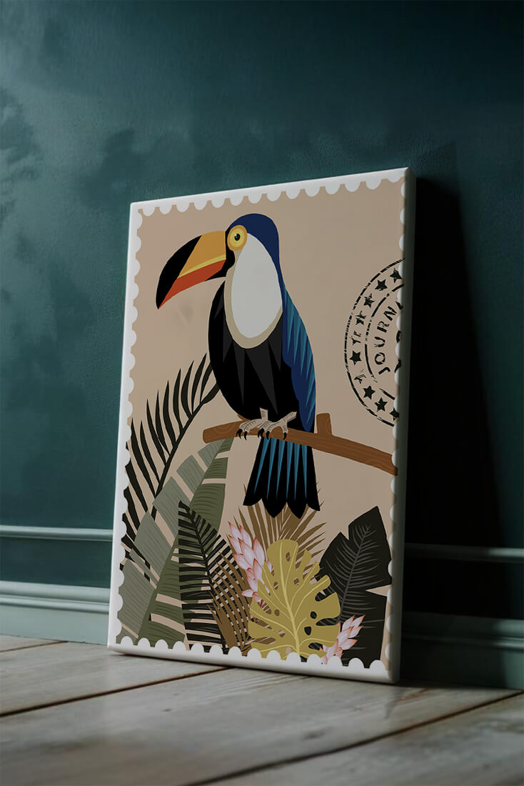Colorful Toucan Surrounded by Tropical Leaves with Travel Stamp