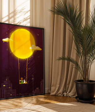 Whimsical night scene with a girl and a rabbit on a swing beneath a glowing moon